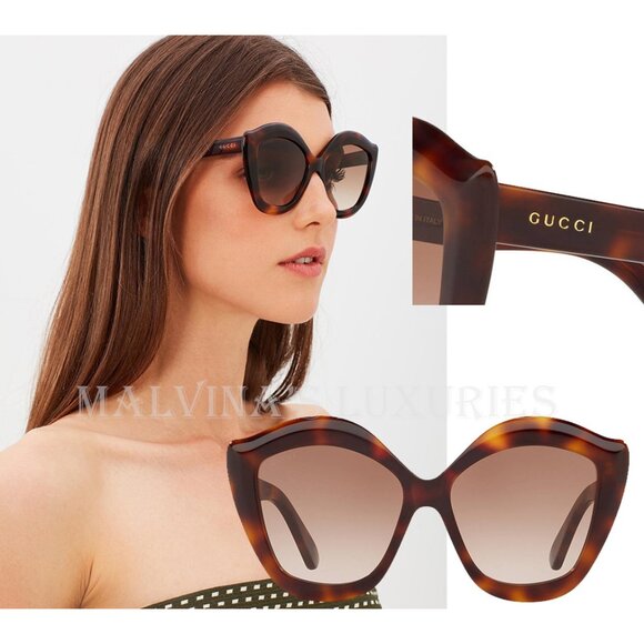 GUCCI SUNGLASSES GG0117S CAT EYE TORTOISE BROWN GRADIENT LIPS - Picture 1 of 9